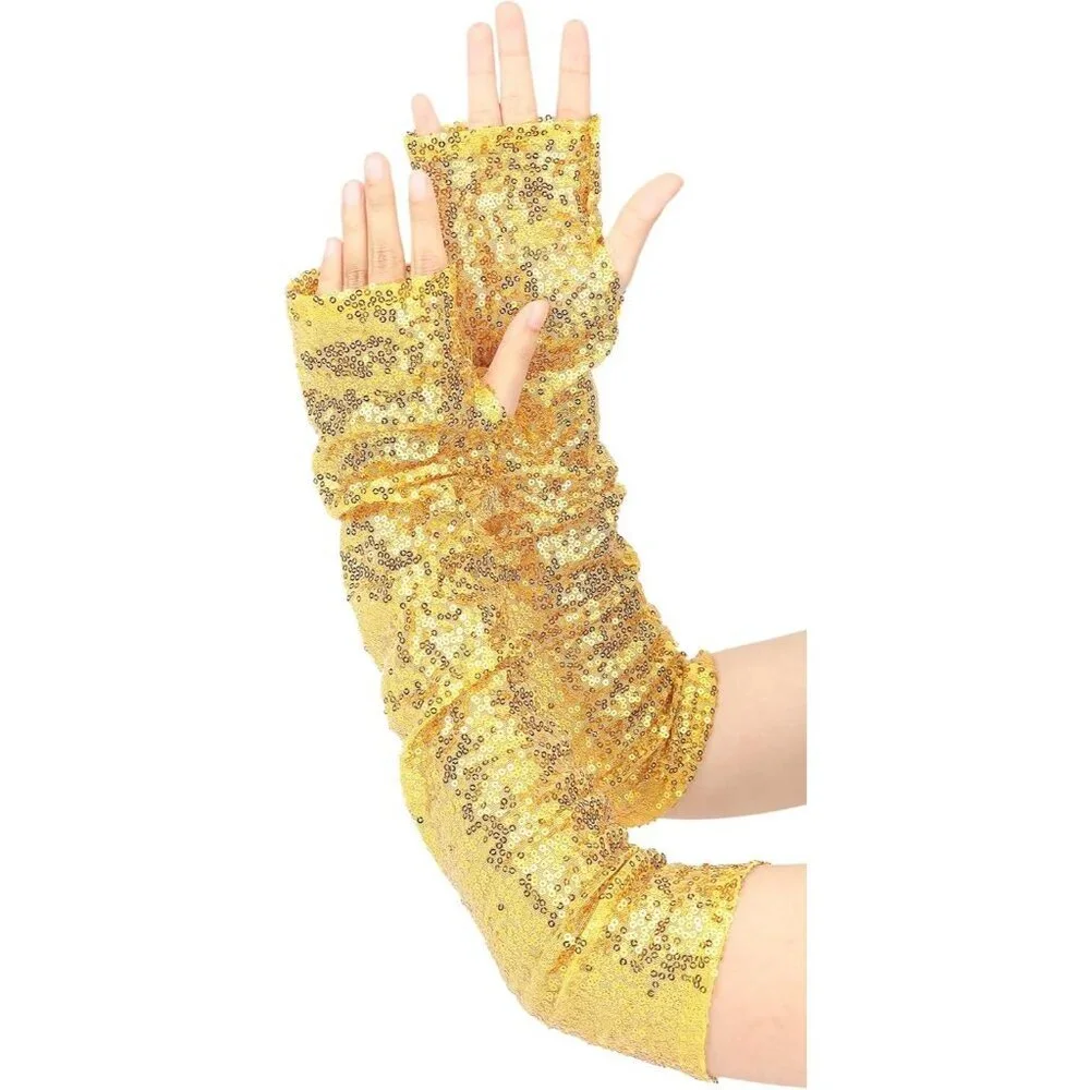 Women's Sequin Gold Sparkly Fingerless Long Arm Sleeve Warmers Gloves Party
